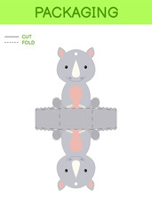 DIY party favor box die cut template design for birthdays, baby showers with cute rhino for sweets, candies, small presents. Printable color scheme. Print, cut out, fold, glue. Vector illustration