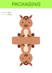 DIY party favor box die cut template design for birthdays, baby showers with cute horse for sweets, candies, small presents. Printable color scheme. Print, cut out, fold, glue. Vector illustration