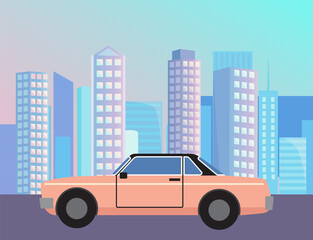 Car riding on road of modern city vector, transport at street of town with skyscrapers. Megapolis cityscape, vehicle on highway, transportation automobile illustration in flat style design for web