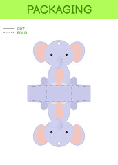 DIY party favor box die cut template design for birthdays, baby showers with cute elephant for sweets, candies, small presents. Printable color scheme. Print, cut out, fold, glue. Vector illustration