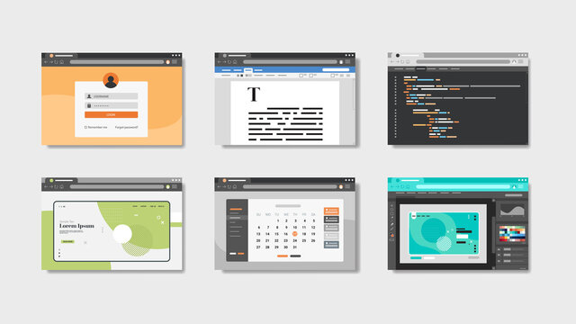 set landing pages website templates in web browser windows application development concept horizontal vector illustration