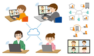 オンライン会議テレワークのイラストとアイコンセット/白背景