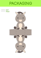 DIY party favor box die cut template design for birthdays, baby showers with cute donkey for sweets, candies, small presents. Printable color scheme. Print, cut out, fold, glue. Vector illustration