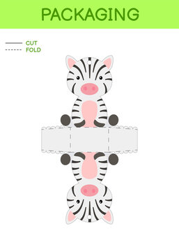 DIY party favor box die cut template design for birthdays, baby showers with cute zebra for sweets, candies, small presents. Printable color scheme. Print, cut out, fold, glue. Vector illustration