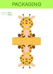 DIY party favor box die cut template design for birthdays, baby showers with cute giraffe for sweets, candies, small presents. Printable color scheme. Print, cut out, fold, glue. Vector illustration