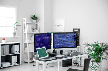 Modern workplace of programmer in office