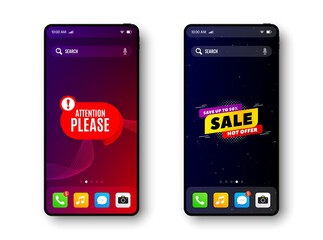 Sale and Attention please bubble. Smartphone screen banner. Discount offer badge. Mobile phone screen interface. Smartphone display promotion template. Online application banner. Vector