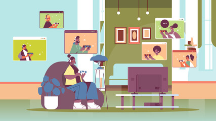 woman playing video games on tv with mix race friends in web browser windows during virtual conference living room interior horizontal full length vector illustration