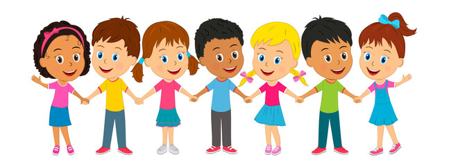 group of kids stand holding hands,illustration,vecor