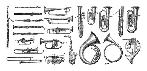Music instrument collection of wind instruments - vintage engraved vector illustration from Petit Larousse Illustré 1914 - obrazy, fototapety, plakaty