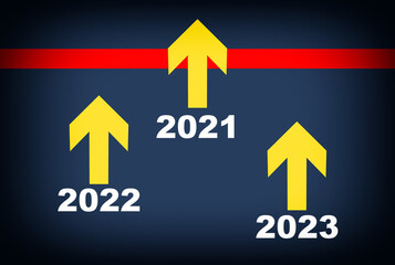 Year 2021 to 2023 to red starting line with yellow arrows on blue background. Business competition concept and challenge success idea