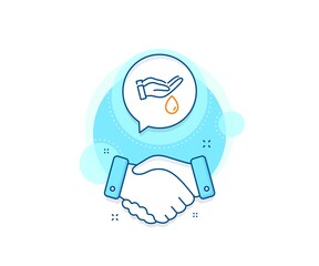 Obraz premium Wash hands symbol. Handshake deal complex icon. Moisturizing oil line icon. Skin care sign. Agreement shaking hands banner. Wash hands sign. Vector