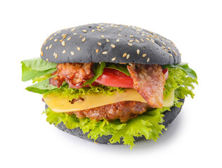 Tasty burger with black bun on white background