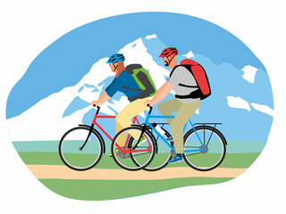 Fototapeta premium A man and a woman travel on bicycles against the backdrop of snow-capped mountains. Vector graphics