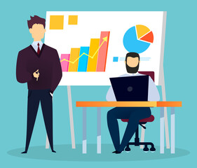 Conference or business meeting, graphic presentation and businessmen vector. Teamwork, office workers at table, man with laptop. Analytics and statistics, finance industry, entrepreneurs illustration