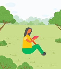 Young woman sitting on green grass in park among trees and reading book. Female student spending leisure time in open air, flat vector illustration