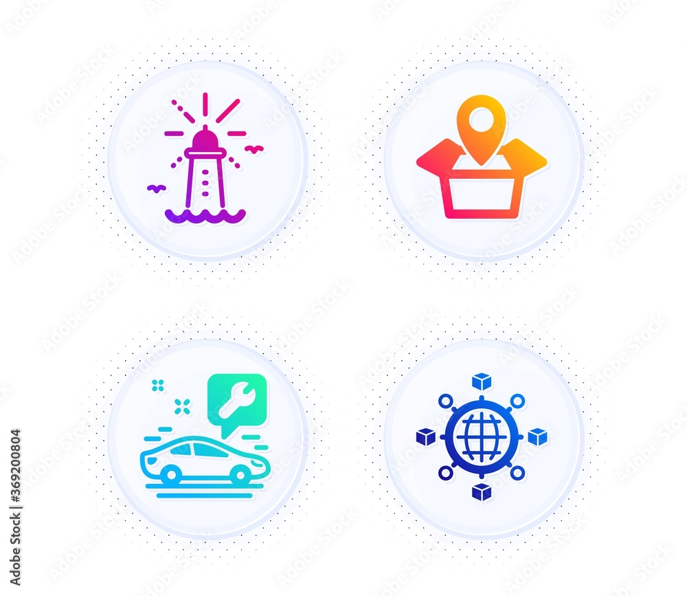 Poster car service, lighthouse and package location icons simple set. button with halftone dots. logistics 