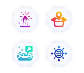 Car service, Lighthouse and Package location icons simple set. Button with halftone dots. Logistics network sign. Repair service, Navigation beacon, Delivery tracking. International tracking. Vector