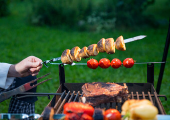 Cooking vegetable and meat on the grill. Outdoor barbecue