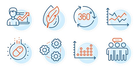 Success business, Dot plot and 360 degree signs. Employees group, Hypoallergenic tested and Diagram chart line icons set. Gears, Capsule pill symbols. Collaboration, Feather. Science set. Vector
