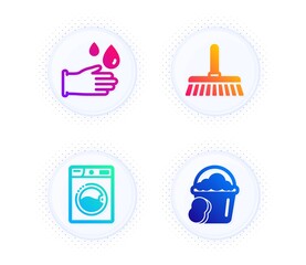 Washing machine, Cleaning mop and Rubber gloves icons simple set. Button with halftone dots. Sponge sign. Laundry, Sweep a floor, Hygiene equipment. Cleaner bucket. Cleaning set. Vector