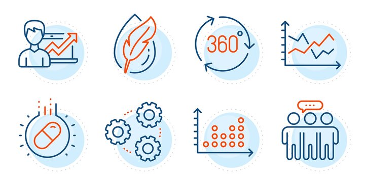 Success business, Dot plot and 360 degree signs. Employees group, Hypoallergenic tested and Diagram chart line icons set. Gears, Capsule pill symbols. Collaboration, Feather. Science set. Vector