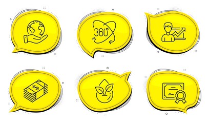 Usd currency sign. Diploma certificate, save planet chat bubbles. Full rotation, Success business and Organic product line icons set. 360 degree, Growth chart, Leaf. Buying commerce. Vector