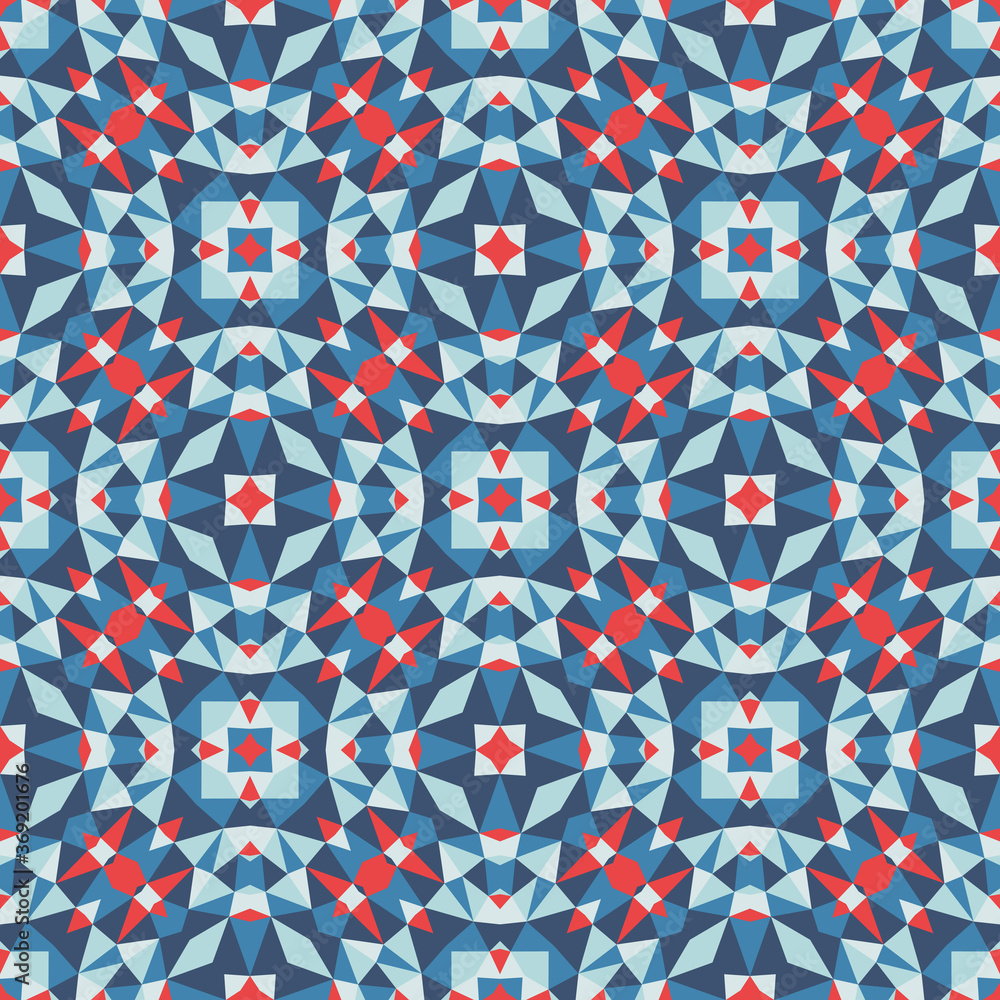 Poster abstract geometric background. seamless pattern design. blue and red colors. mosaic decorative struc