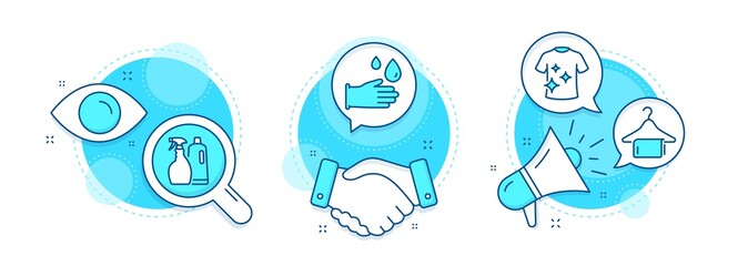Rubber gloves, Clean t-shirt and Shampoo and spray line icons set. Handshake deal, research and promotion complex icons. Clean towel sign. Hygiene equipment, Laundry shirt, Washing liquids. Vector