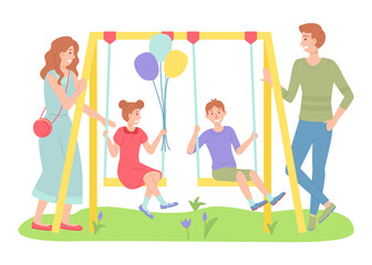 Obraz premium Family outdoor recreational activity, children spending time at playground, kids have fun, recreation, girl with air balloons and boy rest relax on swing, parents spend time with kids in park