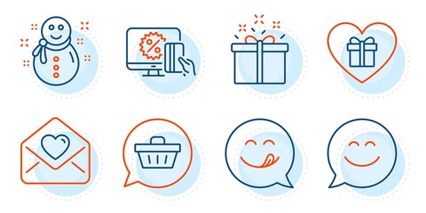 Online shopping, Smile chat and Yummy smile signs. Shopping cart, Snowman and Love letter line icons set. Romantic gift, Special offer symbols. Dreaming of gift, New year. Holidays set. Vector