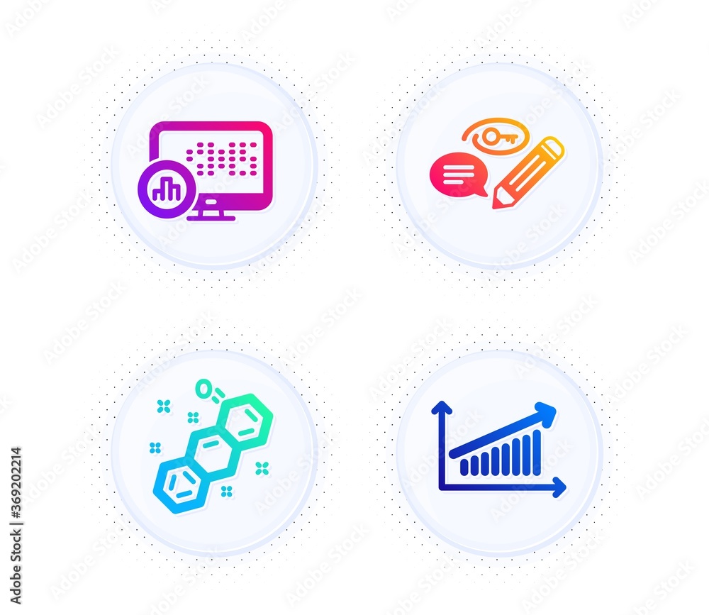 Aufkleber keywords, report statistics and chemical formula icons simple set. button with halftone dots. chart 