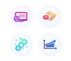 Keywords, Report statistics and Chemical formula icons simple set. Button with halftone dots. Chart sign. Pencil with key, Graph chart, Chemistry. Education set. Gradient flat keywords icon. Vector