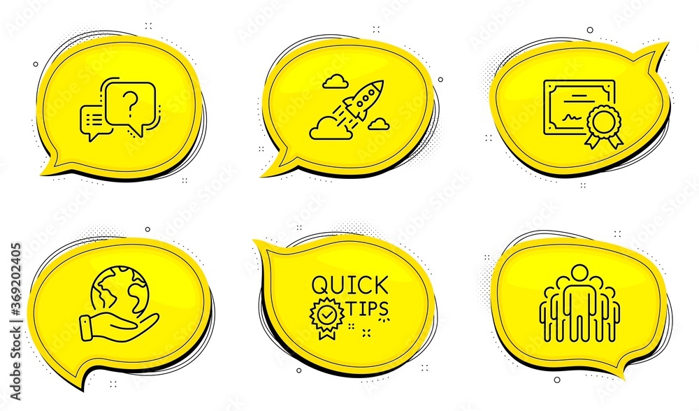 Poster question mark sign. diploma certificate, save planet chat bubbles. quick tips, startup rocket and gr