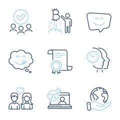 Bitcoin project, Couple love and Online chemistry line icons set. Diploma certificate, save planet, group of people. Yummy smile, Smile face and Time management signs. Vector