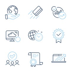 Recovery cloud, Certificate and Time management line icons set. Diploma certificate, save planet, group of people. Credit card, Sales diagram and Statistics signs. Vector
