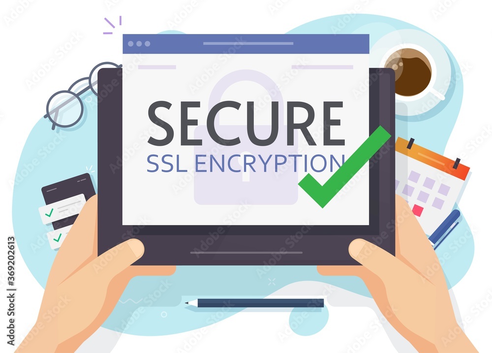Poster digital tablet computer and ssl secure encrypted connection in person hand vector flat illustration,