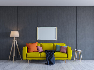 modern living room with 3 seater sofa. simple black background mock up with rectangle photo frame. 3d render.