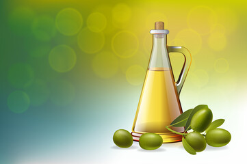 Leaf of green olives. Realistic bottle of olive oil branch. Vector illustration.