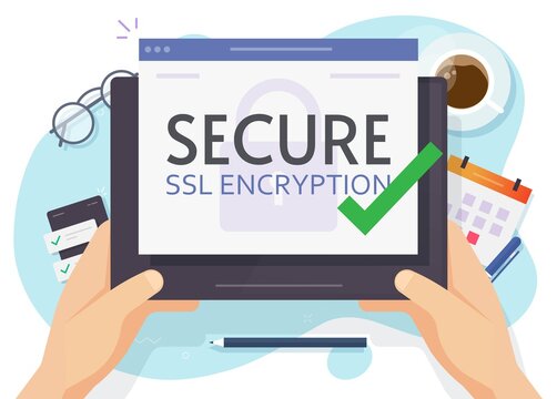Digital tablet computer and SSL secure encrypted connection in person hand vector flat illustration, working on safe encryption, data protection as https technology desktop office