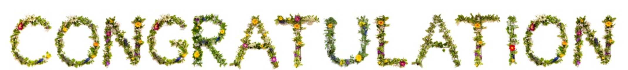 Flower, Branches And Blossom Letter Building English Word Congratulation. White Isolated Background