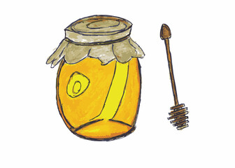 jar of honey and wooden spoon
