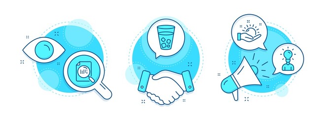 Search file, Education and Ice tea line icons set. Handshake deal, research and promotion complex icons. Sunny weather sign. Find document, Human idea, Soda beverage. Hold sun. Business set. Vector