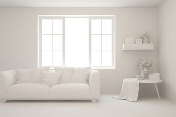 White minimalist living room with sofa. Scandinavian interior design. 3D illustration