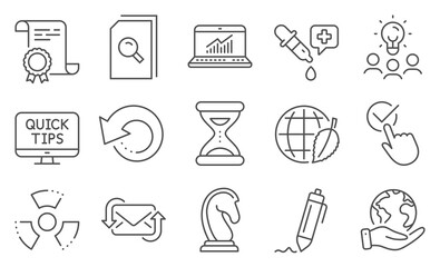 Set of Education icons, such as Recovery data, Search files. Diploma, ideas, save planet. Chemistry pipette, Time, Environment day. Web tutorials, Online statistics, Marketing strategy. Vector