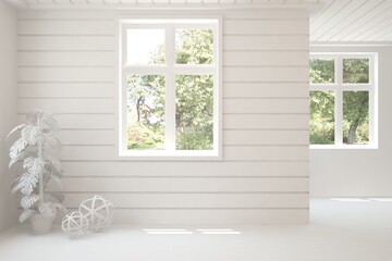 White empty room with summer landscape in window. Scandinavian interior design. 3D illustration