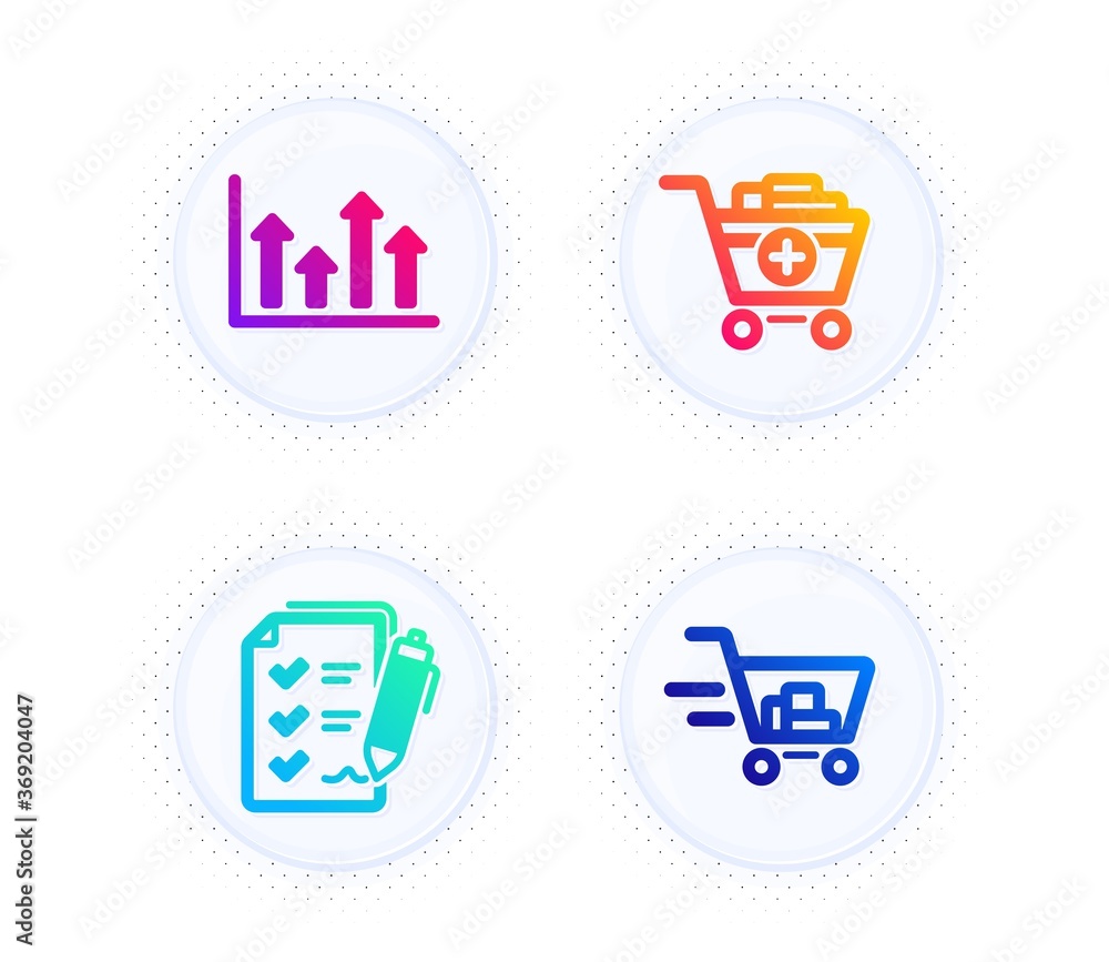 Poster add products, upper arrows and survey checklist icons simple set. button with halftone dots. shoppin