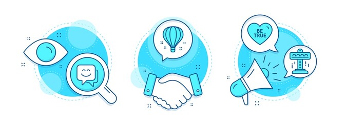 Smile face, Air balloon and Attraction line icons set. Handshake deal, research and promotion complex icons. Be true sign. Chat, Sky travelling, Free fall. Love sweetheart. Holidays set. Vector