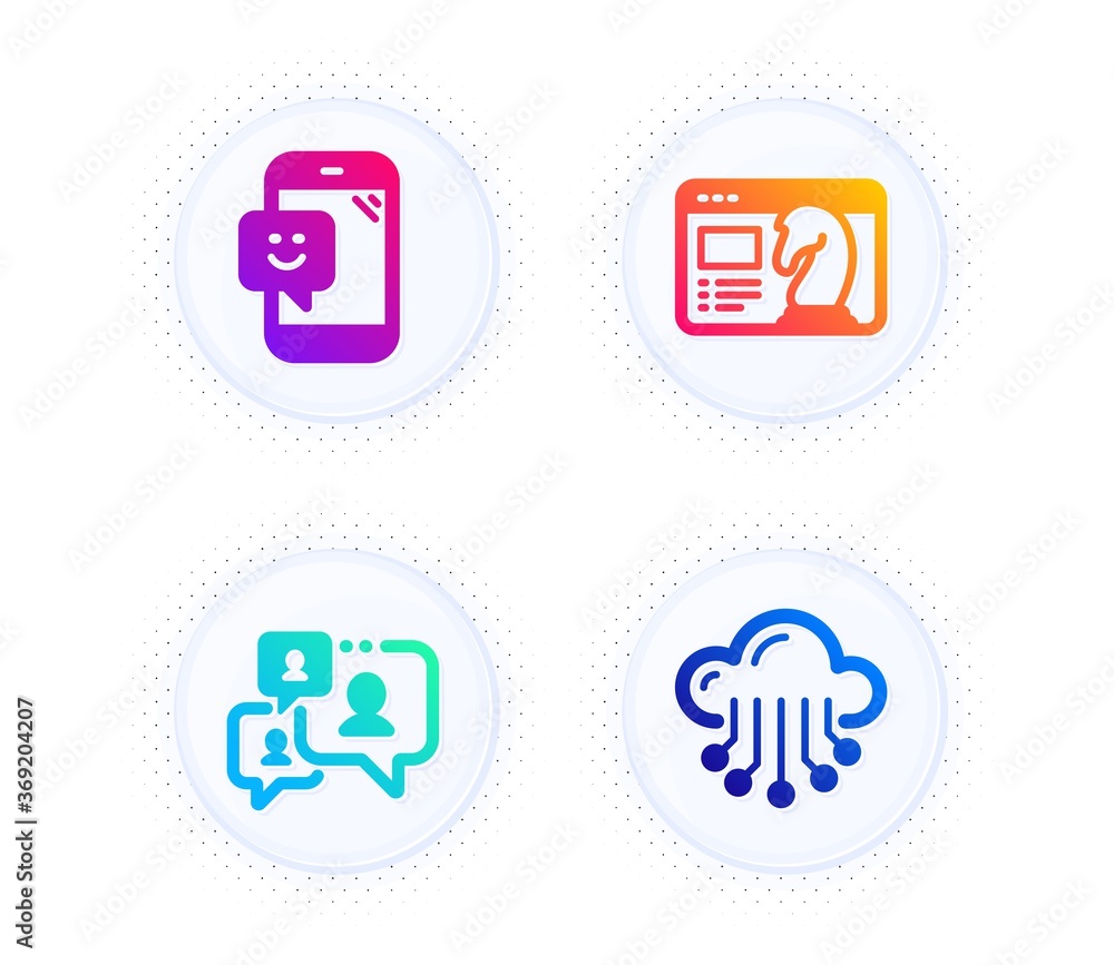 Poster support chat, smile and seo strategy icons simple set. button with halftone dots. cloud storage sign