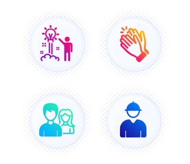 Creative idea, Teamwork and Clapping hands icons simple set. Button with halftone dots. Engineer sign. Startup, Man with woman, Clap. Worker profile. People set. Vector